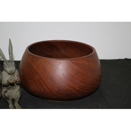 320 - 3 x cast Iron Rabbits (Damaged), Wood Turned Bowl and ceramic Posy