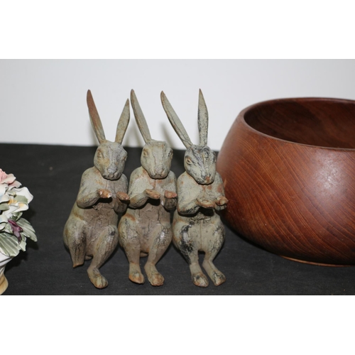 320 - 3 x cast Iron Rabbits (Damaged), Wood Turned Bowl and ceramic Posy