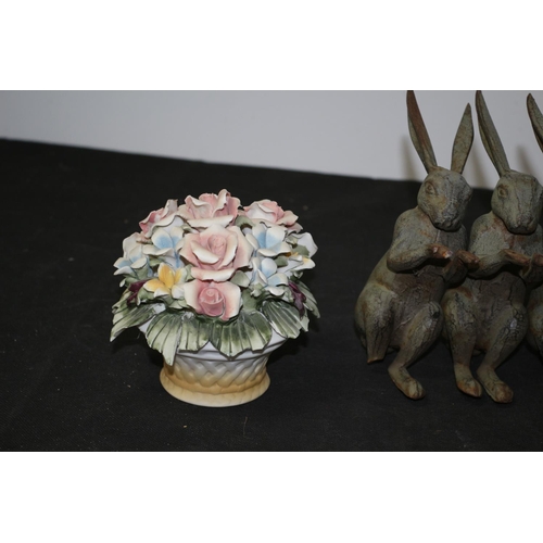 320 - 3 x cast Iron Rabbits (Damaged), Wood Turned Bowl and ceramic Posy