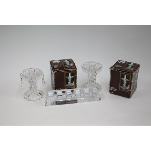 89 - Ice Cube Solid glass Candle Holder plus a pair of Glass Crystal Candle Sticks