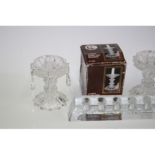 89 - Ice Cube Solid glass Candle Holder plus a pair of Glass Crystal Candle Sticks