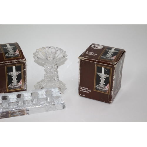 89 - Ice Cube Solid glass Candle Holder plus a pair of Glass Crystal Candle Sticks