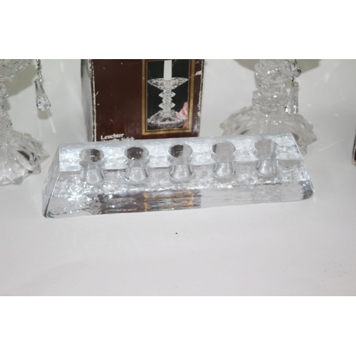 89 - Ice Cube Solid glass Candle Holder plus a pair of Glass Crystal Candle Sticks