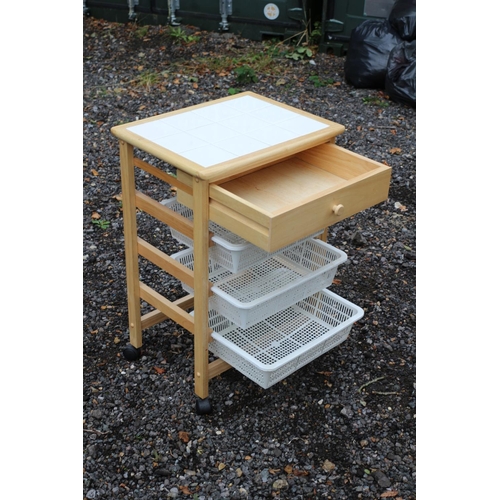 682 - Pine Kitchen Tidy with 3 Pull Out Baskets and a Drawer plus a Tiled Top