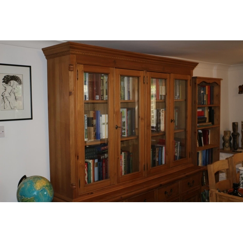 712 - Antique Effect Pine Wall Unit with 4 Glass Doors and 4 Cupboards with Drawers and Keys, Contents Not... 