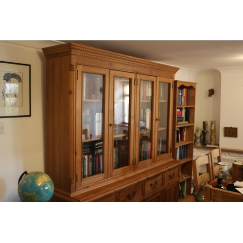 712 - Antique Effect Pine Wall Unit with 4 Glass Doors and 4 Cupboards with Drawers and Keys, Contents Not... 