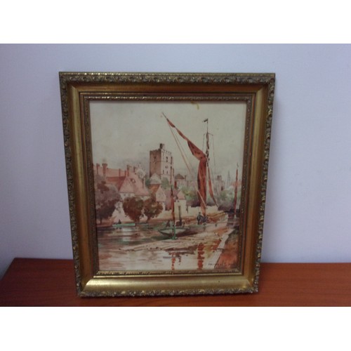 1004 - Original Watercolour of a River Scene with a Barge in an Ornate Frame, Indistinguishable Signature -... 