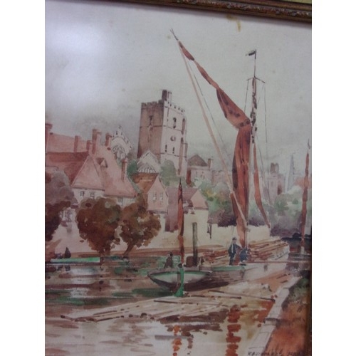 1004 - Original Watercolour of a River Scene with a Barge in an Ornate Frame, Indistinguishable Signature -... 