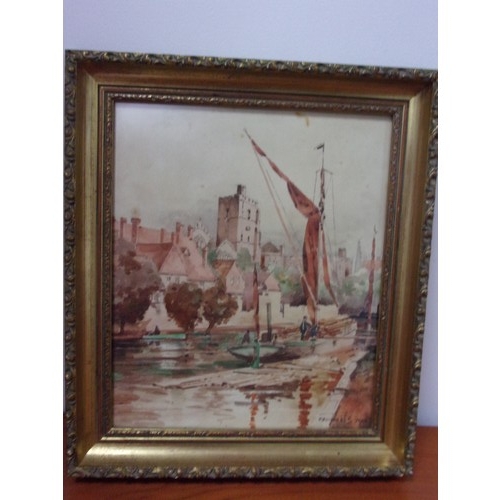 1004 - Original Watercolour of a River Scene with a Barge in an Ornate Frame, Indistinguishable Signature -... 