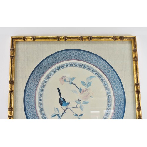 81 - A Collection Of 3 Different F/M/G Prints on Silk Depicting Round Floral / Bird Scenes.