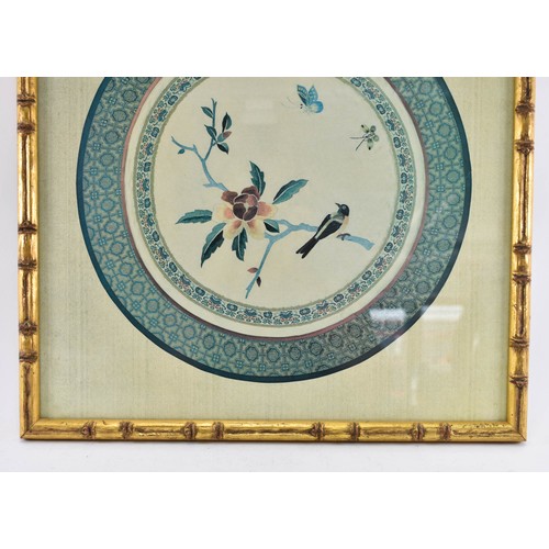 81 - A Collection Of 3 Different F/M/G Prints on Silk Depicting Round Floral / Bird Scenes.