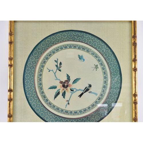 81 - A Collection Of 3 Different F/M/G Prints on Silk Depicting Round Floral / Bird Scenes.