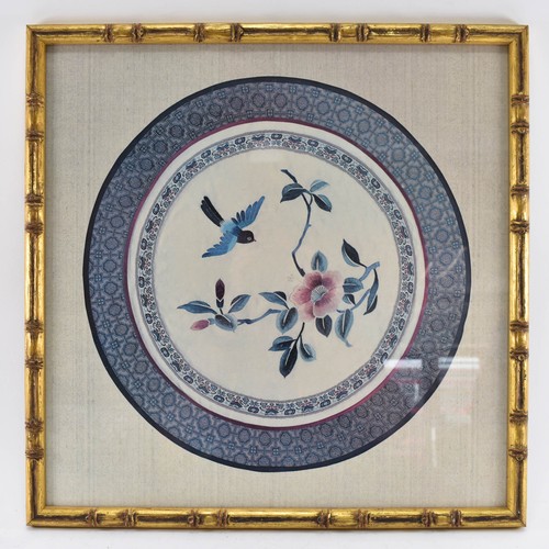 81 - A Collection Of 3 Different F/M/G Prints on Silk Depicting Round Floral / Bird Scenes.