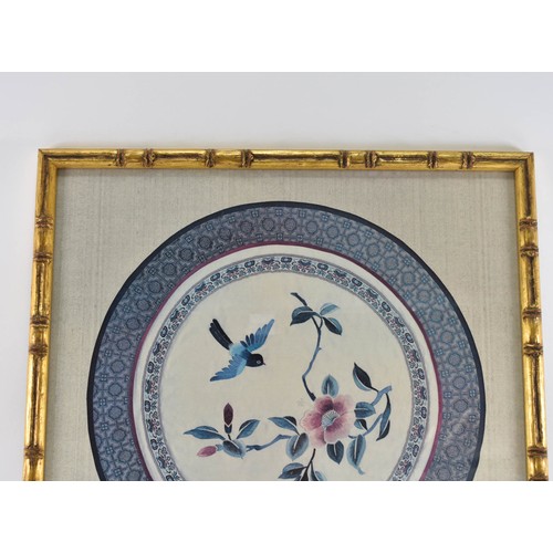 81 - A Collection Of 3 Different F/M/G Prints on Silk Depicting Round Floral / Bird Scenes.