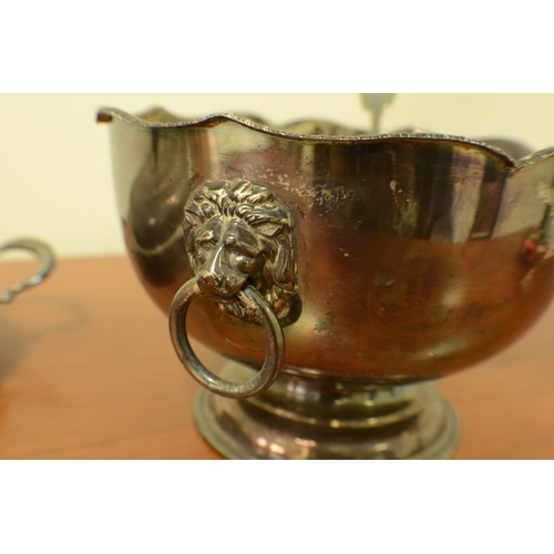 42 - Plate-Ware Punch Bowl & Ladle Lion Motif Handles & Server