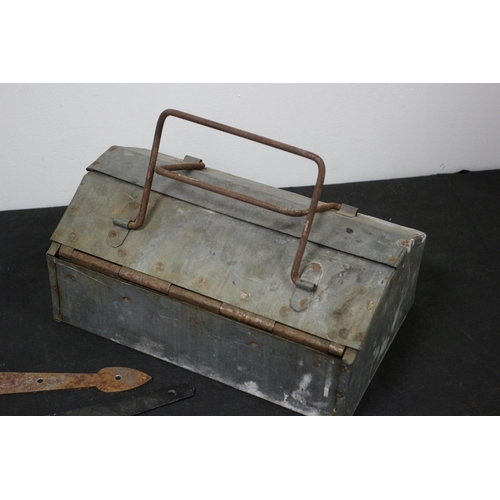 262 - Selection of Metal  Gate Hinges, Tool Box and a Money Box with No Key