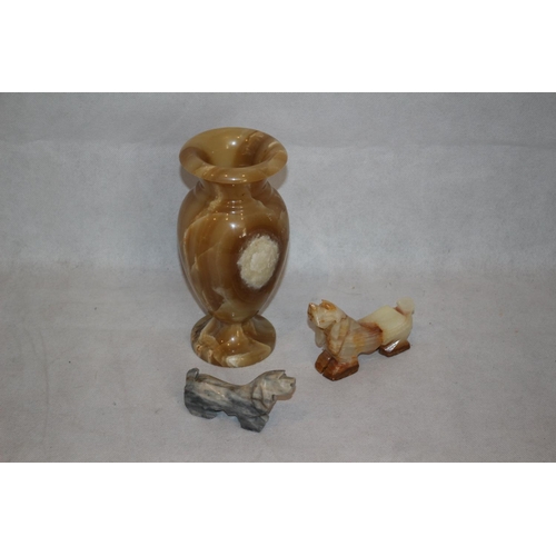 378 - Lovely Marble Vase standing 20cm vases has very small chip and 2 Stone Basset Hound Statues