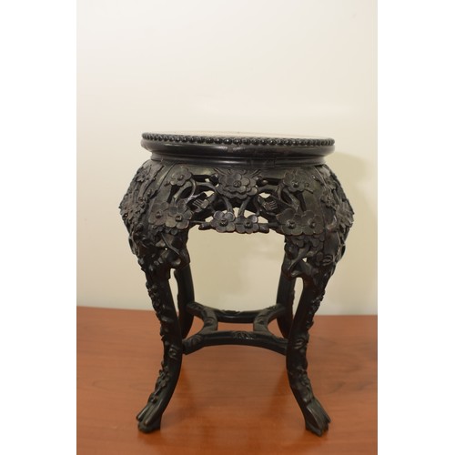 443 - Circa 1870 Ebony Ornately Carved Pot Stand with Marble Top