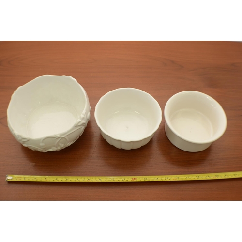 508 - 3 different size white Bowls 1 patterned with Leaves