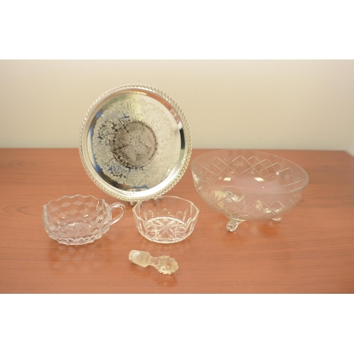 517 - Glass decorative Bowl with feet plus other glass decorative bowls and a silver Coloured tray