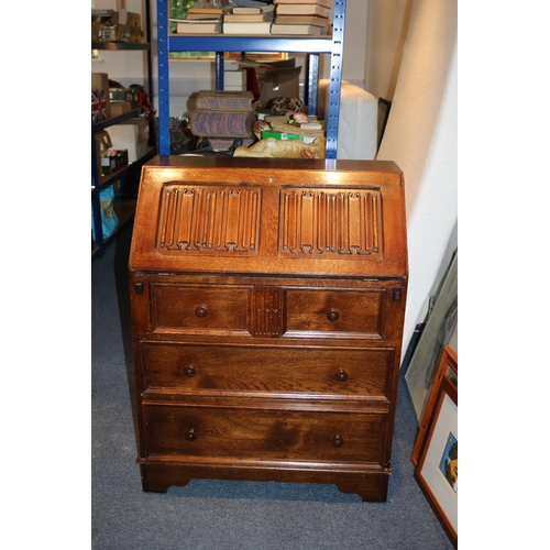 47 - Linen Fold Vintage Writing Bureau with 3 draws and Leather Inlay Complete with Compartments 100cm hi... 