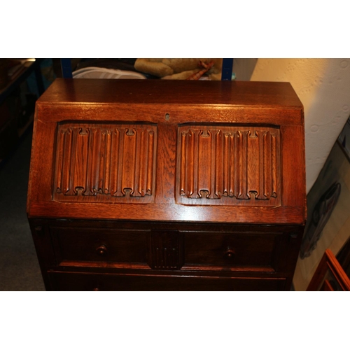 47 - Linen Fold Vintage Writing Bureau with 3 draws and Leather Inlay Complete with Compartments 100cm hi... 