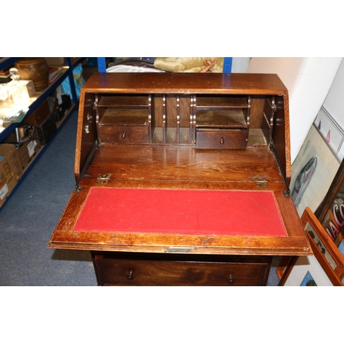 47 - Linen Fold Vintage Writing Bureau with 3 draws and Leather Inlay Complete with Compartments 100cm hi... 