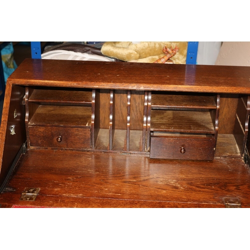 47 - Linen Fold Vintage Writing Bureau with 3 draws and Leather Inlay Complete with Compartments 100cm hi... 