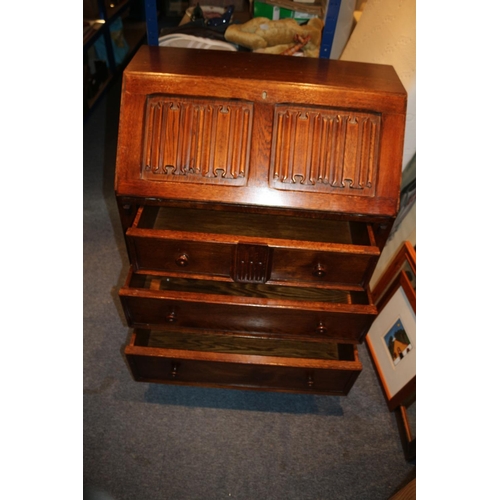 47 - Linen Fold Vintage Writing Bureau with 3 draws and Leather Inlay Complete with Compartments 100cm hi... 