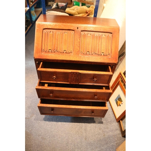 47 - Linen Fold Vintage Writing Bureau with 3 draws and Leather Inlay Complete with Compartments 100cm hi... 