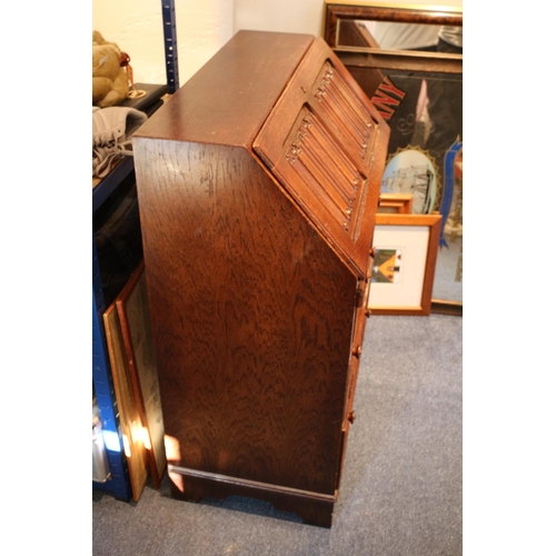 47 - Linen Fold Vintage Writing Bureau with 3 draws and Leather Inlay Complete with Compartments 100cm hi... 