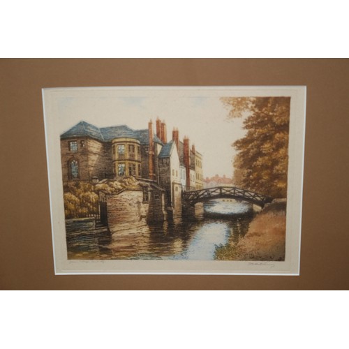 322 - Framed and Glazed mixed media Painting of Queens College, Cambridge by M Hutchinson