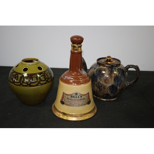 535 - Brixham Pottery Devon Vase, Heavy Teapot and pottery Bells Whisky Bottle