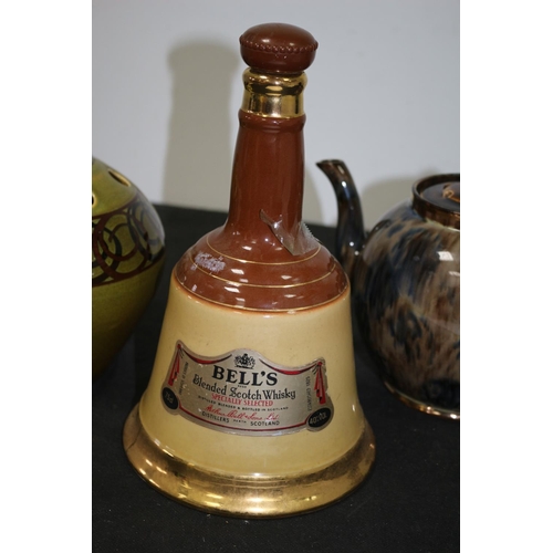 535 - Brixham Pottery Devon Vase, Heavy Teapot and pottery Bells Whisky Bottle