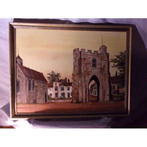 536 - An Original Oil on Board of a city scene, (suggested as Canterbury) - initialled Complete with frame... 