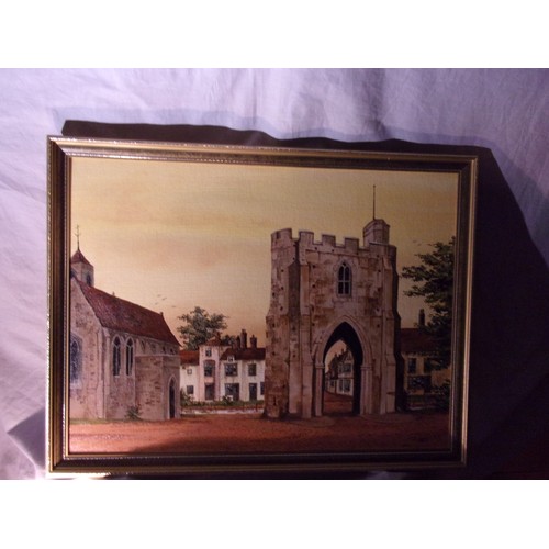 536 - An Original Oil on Board of a city scene, (suggested as Canterbury) - initialled Complete with frame... 