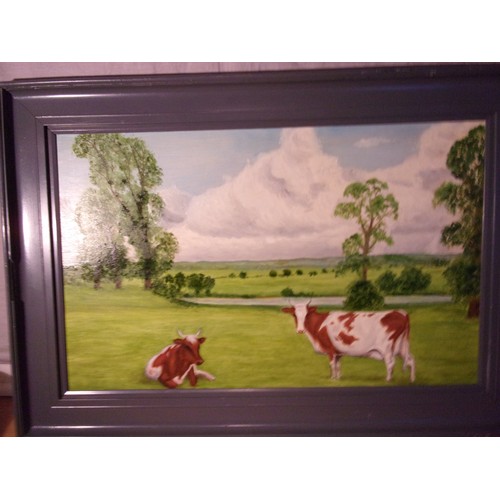 269 - An Original Oil on Board Of Cows In A field Framed 69x47cm