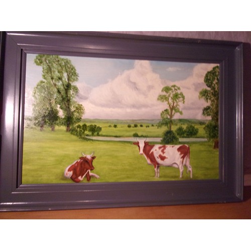 269 - An Original Oil on Board Of Cows In A field Framed 69x47cm