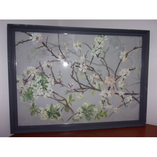 63 - Signed by Known Artist Winnie Marchant A Original Mixed Media Painting of Cherry Blossom. Frame and ... 