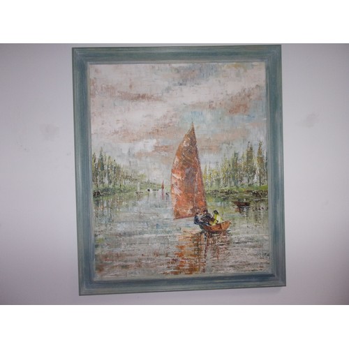 65 - Original Oil on Canvas of a sail boat scene. Artist has used pallet knife to give raised finish. Com... 