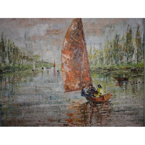 65 - Original Oil on Canvas of a sail boat scene. Artist has used pallet knife to give raised finish. Com... 