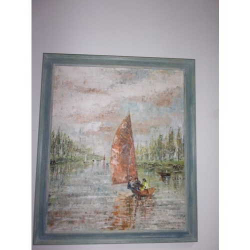 65 - Original Oil on Canvas of a sail boat scene. Artist has used pallet knife to give raised finish. Com... 