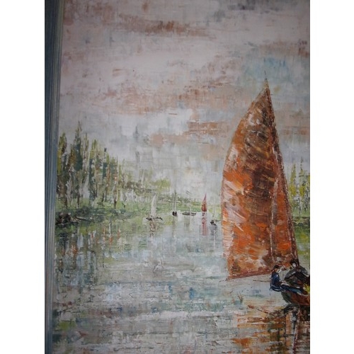 65 - Original Oil on Canvas of a sail boat scene. Artist has used pallet knife to give raised finish. Com... 