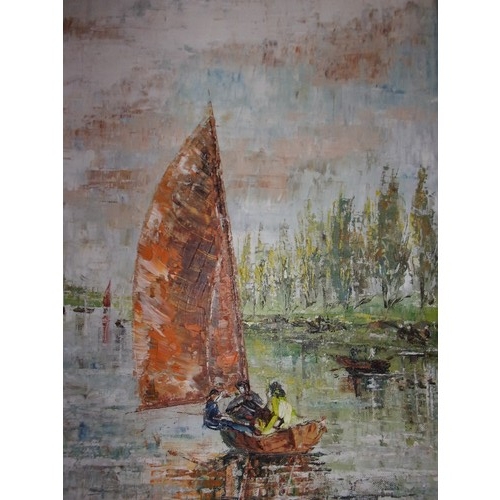 65 - Original Oil on Canvas of a sail boat scene. Artist has used pallet knife to give raised finish. Com... 