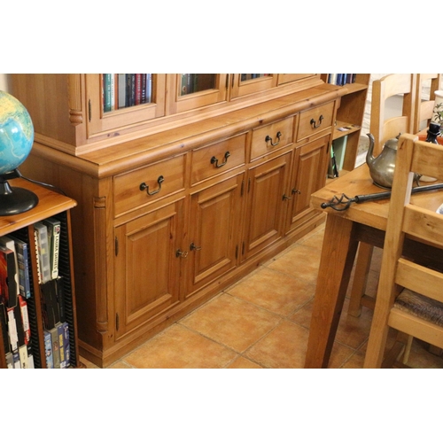 378 - Antique Effect Pine Wall Unit with 4 Glass Doors and 4 Cupboards with Drawers and Keys, Contents Not... 