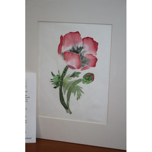 103 - 2 Original Hazel Burrows Watercolours On Silk Pictures. Floral and Ducks