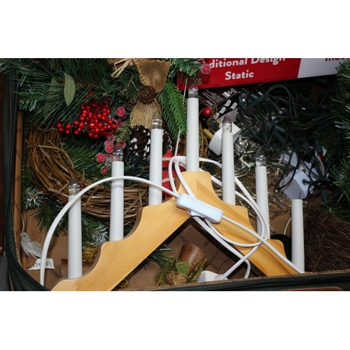 204 - Collection of Xmas Items in a Large Antler Vintage Case. Includes Decorations and Lights