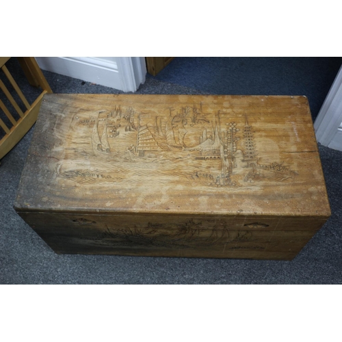 3 - Heavy Solid Wood , Highly Carved, Oriental Trunk. 89cm x 43cmx 41cm