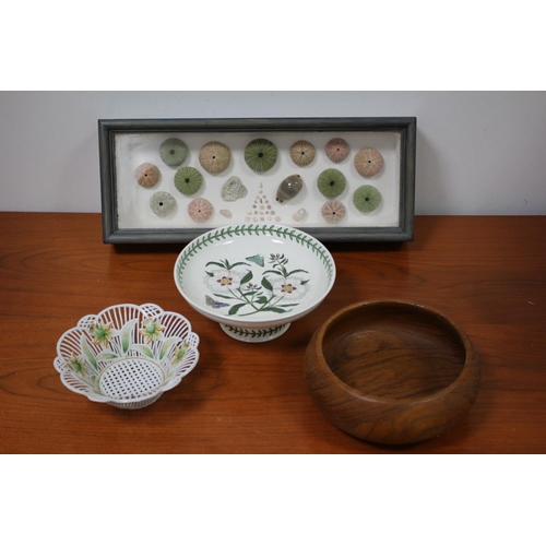 83 - A Mixed Lott To Include Floral Dish, Portmerion Cake Dish, Wood Turned Bowl and A Coral 3D Picture