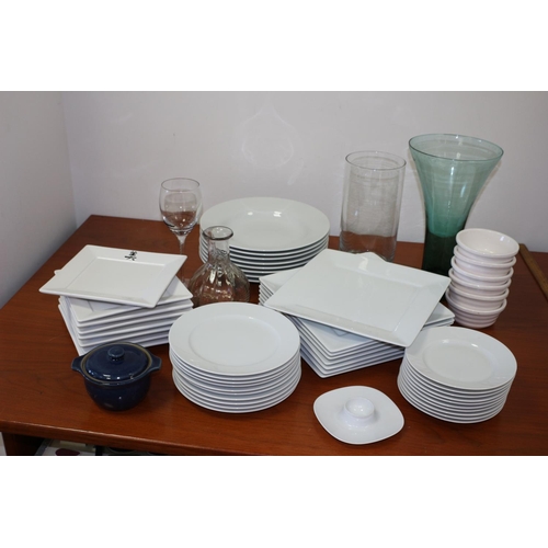 96 - A Great Lot To Include A Large Selection Of White Crockery, Glass Vases And More